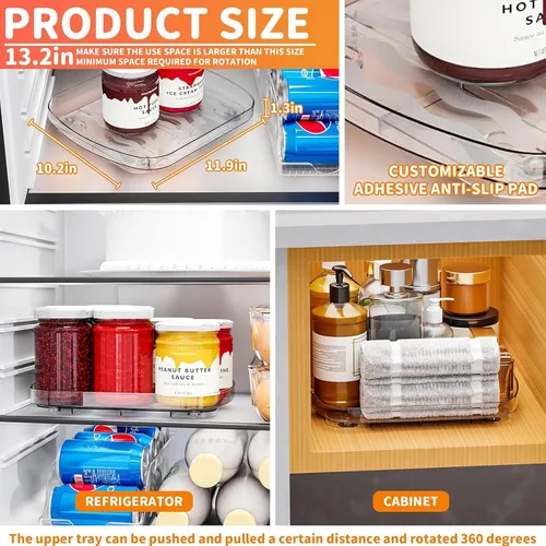 Vista 2 de Yieach Plato giratorio Lazy Susan para refrigerador transparente, 11.9 x 10.2 pulgadas, organizador cuadrado para nevera, bandeja giratoria grande