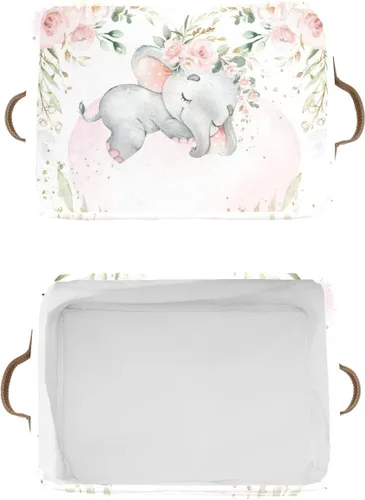 Vista 3 de Cesta de almacenamiento personalizada con diseño de elefante y flores rosas con nombre, caja de almacenamiento grande con asas para el hogar