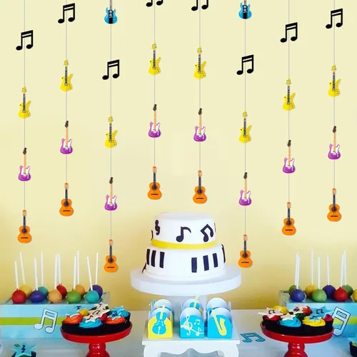 Vista 2 de 8 piezas de decoración de serpentinas con temática musical, notas musicales de rock and roll, guirnalda de guitarra, pancartas para colgar