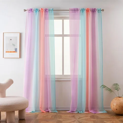 Vista 12 de Cortinas Yancorp traslúcidas de 2 paneles para dormitorio de 63 pulgadas de largo, cortinas de lino azulbeige ombre con bolsillo para barra