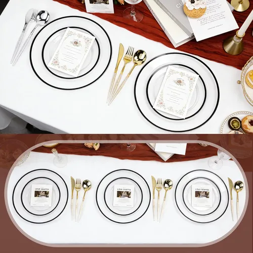 Vista 6 de N9R 120 platos de plástico transparente y negro, platos desechables