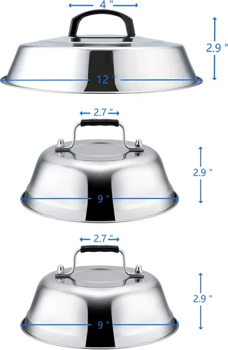 Vista 2 de Leonyo - Juego de 3 cúpula de fusión de metal, cubierta de acero inoxidable de 12 y 9 pulgadas para parrilla, parte superior plana, cubierta