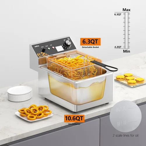 Vista 5 de Freidora Profunda Comercial 10.56Qt Freidoras de Encimera 1.0mm de Acero Inoxidable Grueso 1700W Freidora Eléctrica de Inmersión con Cesta