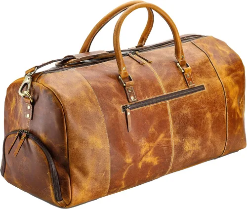 Vista 8 de KomalC Bolsas de lona de cuero para hombres y mujeres de grano completo de viaje durante la noche, fin de semana, bolsas de cuero para deportes