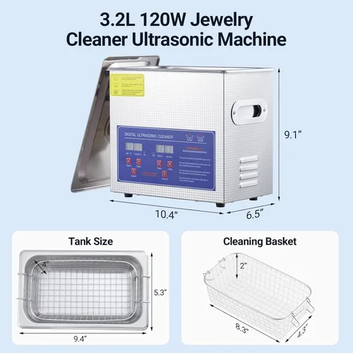 Vista 5 de 3.2L Digital Ultrasonic Cleaner with Heater 40kHz & 120W Cleaning System Timer Control for Jewelry, Glasses, Watches