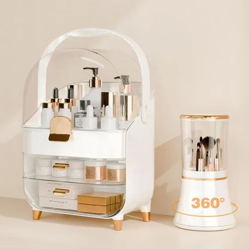 Vista 8 de Organizador de maquillaje para encimera con tapa y cajones, caja grande de exhibición de cosméticos para cuidado de la piel, soporte para escritorio