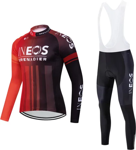 Vista 19 de Conjunto de ropa de ciclismo para hombre, manga larga, jersey de ciclismo con cremallera, bolsillo, traje de bicicleta, pantalones con babero de gel