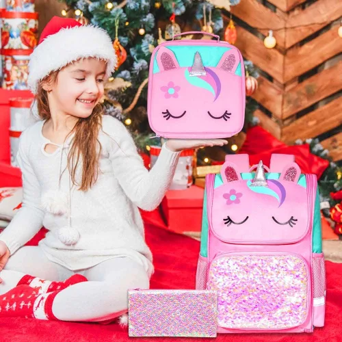 Vista 6 de KLFVB Mochila de 3 piezas para niñas y niños, bolsa de libros de dinosaurio de unicornio de 15 pulgadas con lonchera, bolsa escolar preescolar
