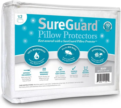 Vista 16 de Juego de 2 protectores de almohada SureGuard de tamaño estándar, 100% impermeables, a prueba de chinches, hipoalergénicos, fundas de rizo de algodón