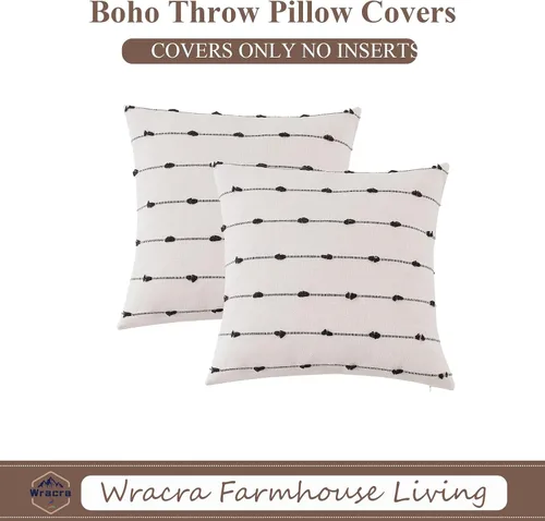 Vista 7 de Wracra Juego de 2 fundas de almohada decorativas estilo bohemio de 18 x 18 pulgadas, funda de almohada moderna de lino para sofá, cama y sala