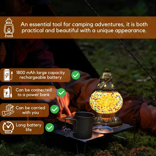 Vista 6 de Lámpara de mosaico turco recargable mejorada, hecha a mano, estilo marroquí, luz de campamento con batería de 1800 mAh, banco de energía USB