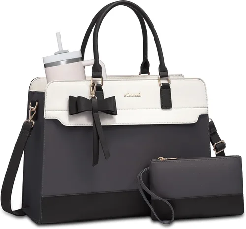 Vista 5 de LOVEVOOK Bolso para laptop de mano para mujer, bolso de trabajo de cuero, bolso de negocios impermeable para profesora, bolso de mano grande