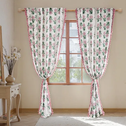 Vista 5 de NICETOWN Cortinas florales rosa de 52x84 pulgadas con borlas, cortinas de ventana con estampado botánico romántico Sweetheart, paneles oscurecedores