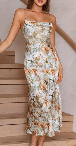 Vista 3 de Tsher Vestido de satén para mujer, tirantes delgados, cuello holgado, espalda descubierta, formal y largo por debajo de la rodilla, para fiesta