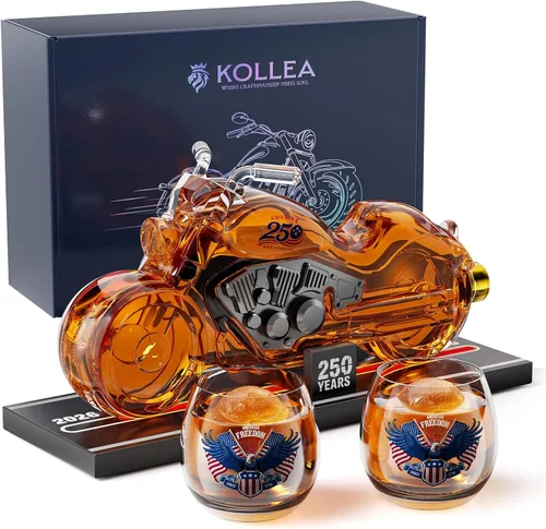 Vista 9 de Kollea Regalos de cumpleaños para hombres, papá, juego de decantador de whisky de motocicleta con 2 vasos, dispensador de licor para bar en casa