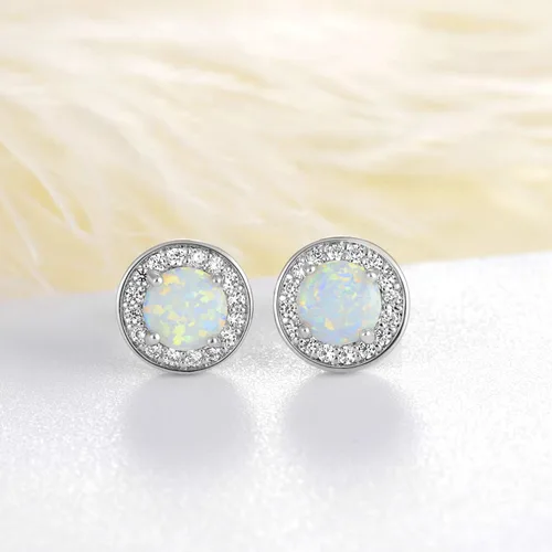 Vista 3 de Aretes de ópalo chapados en oro blanco para mujeres y niñas, aretes de ópalo con halo de circonita cúbica para mujer, Metal, Ópalo creativo