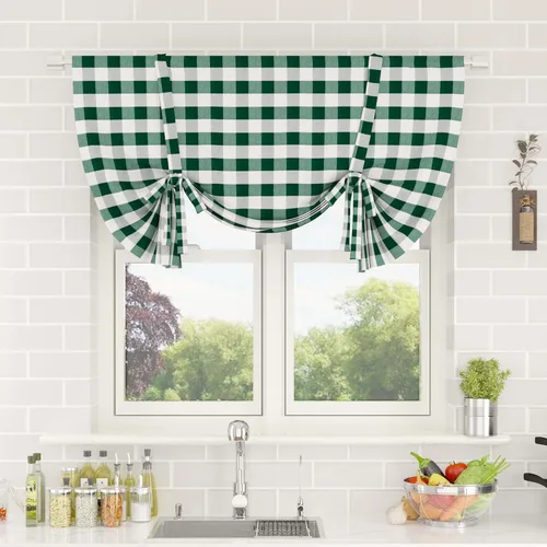 Vista 107 de Cenefas de cortina para ventana de 16 pulgadas de largo, 2 paneles de cuadros búfalo, cortinas pequeñas con bolsillo para barra, estilo clásico
