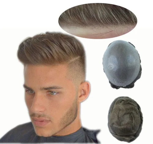 Vista 16 de HAIR NATURE Toupee para hombres, sistemas de reemplazo de cabello humano, 0.001 in piel ultra fina V-looped Jet Black piezas de cabello 8x10#1