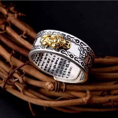 Vista 5 de Anillo Feng Shui PiXiu Mantra Anillos Budista Ammuleto Protección Riqueza Amor Salud Anillo Amuleto Buena Suerte Mantra Anillo Doble Dedo Protección