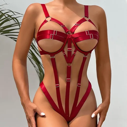 Vista 3 de Lencería para mujer para jugar sexual, sexy, punk, de cuero, cinturón, vendaje ajustable, babydoll de peluche para fiestas y adultos