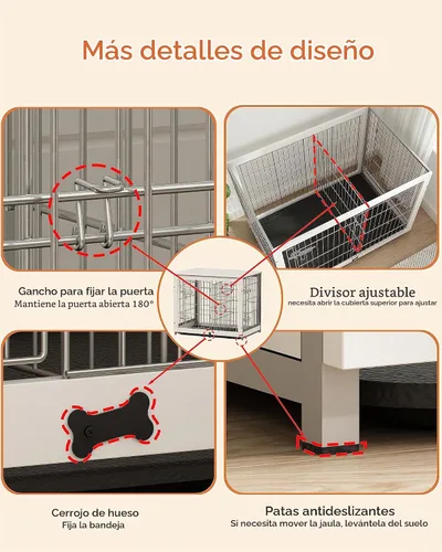 Vista 8 de Piskyet Muebles de madera para perros con panel divisor, mesa auxiliar de jaula para perros con bandeja deslizante fijable, puertas dobles