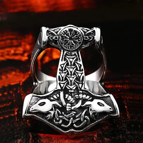 Vista 4 de BAVIPOWER Viking Thor Hammer Mjolnir Potente protección Talismán Amuleto Vintage Anillo de acero inoxidable