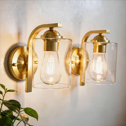 Vista 10 de Juego de 2 apliques de pared, lámparas de baño cableadas, iluminación de pared moderna para tocador de baño con pantalla de vidrio transparente