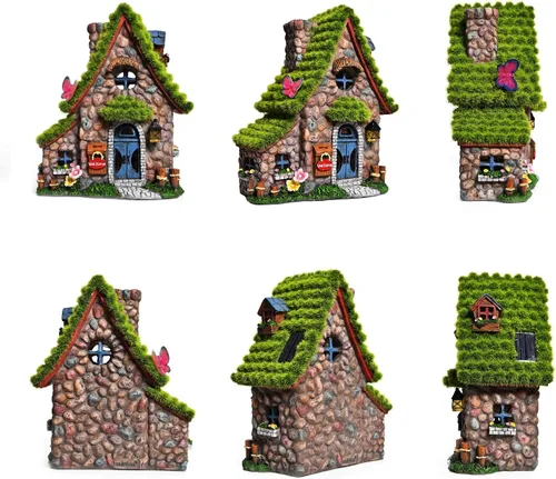 Vista 5 de Estatuas de casa de hadas de resina ASAWASA con luces solares, esculturas de jardín divertidas con decoración flocada y adoquinada, exquisitas