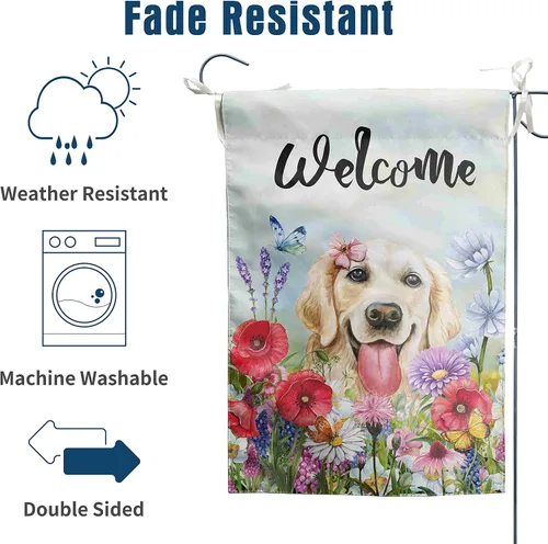Vista 4 de Bandera floral de jardín Golden Retriever para jardín, banderas de bienvenida para exteriores de 12 x 18 pulgadas, bandera de perro de flores