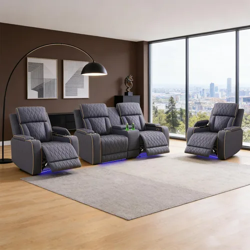 Vista 32 de Sofá reclinable individual eléctrico para muebles de sala de estar, silla reclinable de cuero con luces LED, puertos USB, almacenamiento oculto