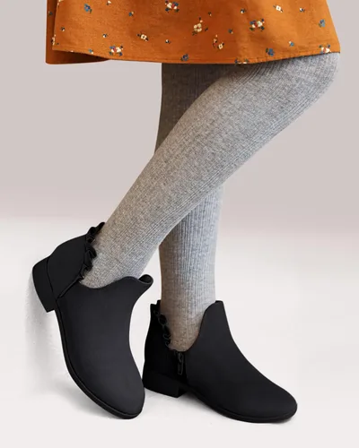 Vista 3 de FISACE Botines con volantes para niñas, con corte en V, tacón bajo grueso, botines occidentales elegantes
