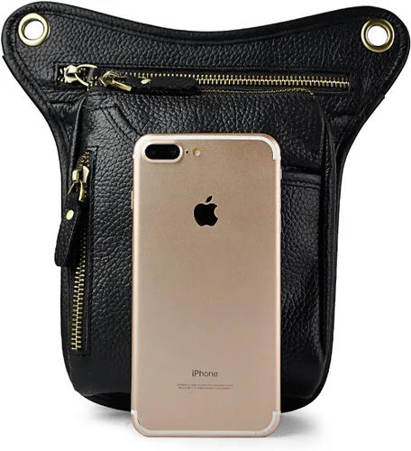 Vista 4 de Le'aokuu - Bolso de pierna para moto, de cuero genuino, para hombre, bolso tipo mensajero a la cintura), 211-5