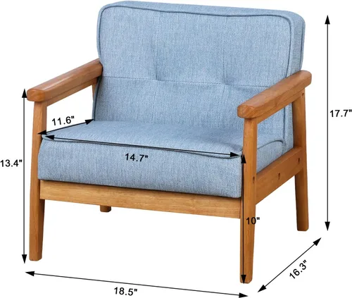 Vista 3 de BabyLand Sillón para niños, sofá individual para niños con estructura de madera maciza y tela de lino para regalo de niños (azul claro)