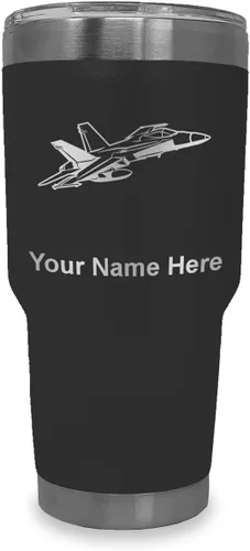 Vista 32 de LaserGram Taza aislada al vacío de 20 onzas, Fighter Jet 2, grabado personalizado incluido (negro)