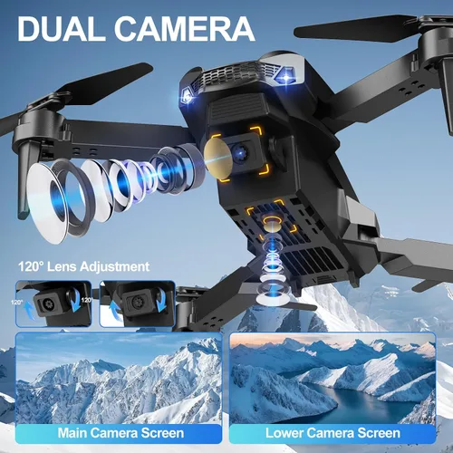 Vista 5 de QIDUHUQI Drone con cámara HD 1080P con control remoto, dron plegable para adultos y principiantes, modo sin cabeza, retención de altitud, inicio