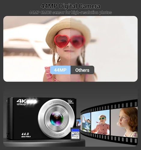 Vista 3 de Cámara digital 4K, cámara digital compacta digital de enfoque automático, zoom digital de 16X, cámara de viaje mejorada con tarjeta SD de 64 GB, 2