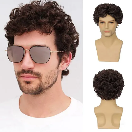Vista 9 de Pelucas cortas y rizadas marrones para hombres, pelo corto en capas de aspecto natural, resistente al calor, pelucas sintéticas con gorra de peluca