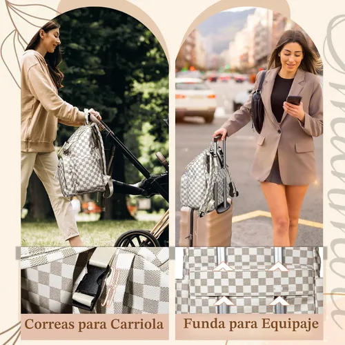 Vista 6 de Omanmoli Bolsa de pañales a cuadros, mochila grande de cuero para pañales con 17 bolsas organizadoras, cambiador, correas para cochecito, 4 Beige