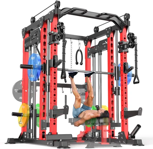 Vista 46 de Rack Multiusos para Sentadillas, Conjunto de Rack de Pesas Smith Machine con Sistema de Crossover de Cables, Racks de Potencia para Gimnasio