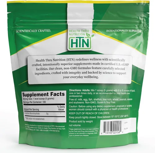 Vista 4 de Health Thru Nutrition Monohidrato de creatina en polvo micronizado – 17.64 oz puro sin sabor – 0.18 oz por cucharada – Apoyo al entrenamiento