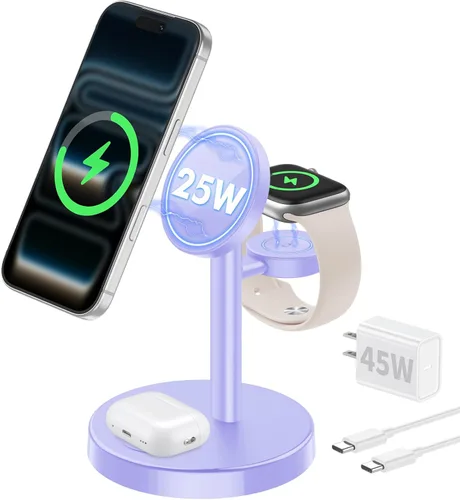 Vista 13 de Aeinidi Estación de carga rápida inalámbrica 3 en 1 de 25 W para cargador MagSafe de Apple BlancoDorado
