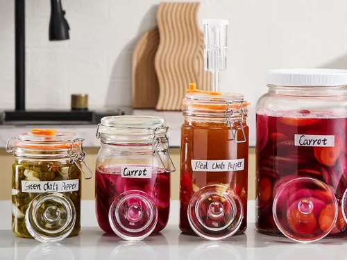 Vista 7 de JILLMO Pesas de fermentación de vidrio para frascos Mason de boca ancha, paquete de 4 Pesos de fermentación de grado alimenticio con mango