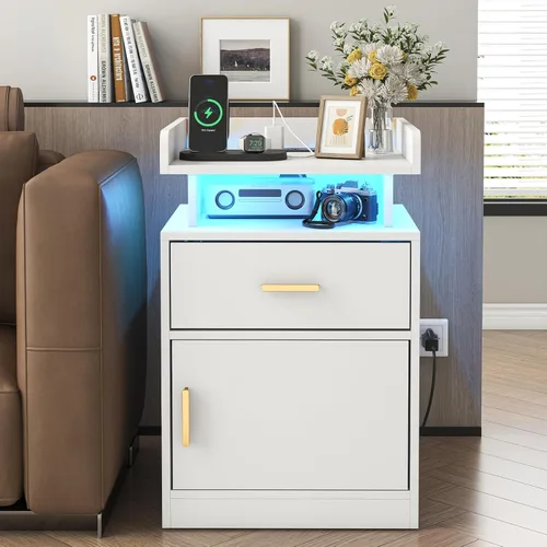 Vista 3 de Mesita de noche con estación de carga y luces LED, mesita de noche con cajón, mesita de noche con almacenamiento de gabinete, mesita de noche