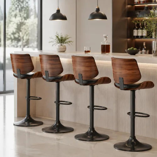 Vista 9 de Juego de 1 taburetes de bar giratorios de madera curvada ajustables para encimera de cocina, moderna silla de bar tapizada de piel sintética