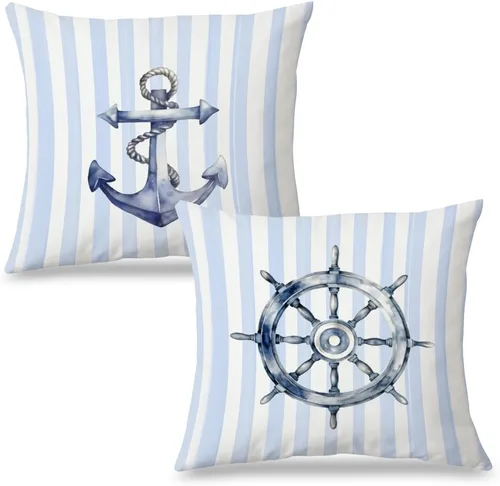 Vista 12 de Fundas de almohada costeras de langosta, fundas de almohada náuticas de langosta roja de Nueva Inglaterra con rayas azules y blancas para casa