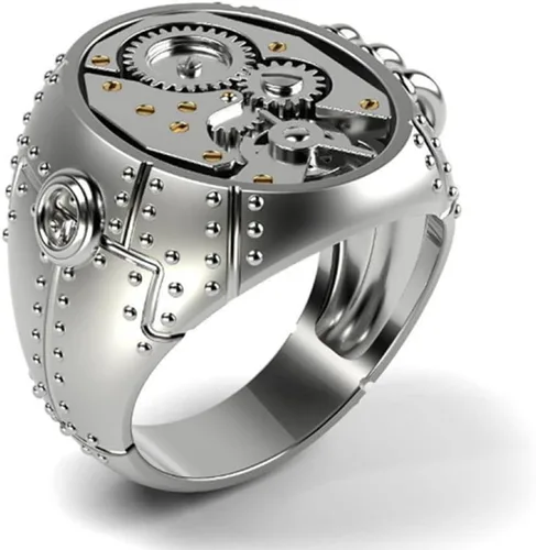 Vista 4 de LRGKMCWTOB Anillo universal de plata de ley 925 con personalidad mecánica Steampunk para hombres y mujeres, anillo universal de compromiso retro