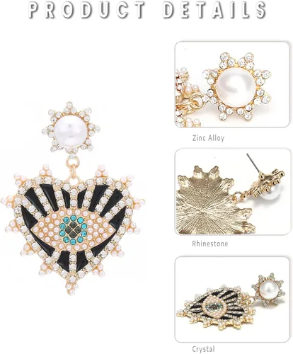 Vista 3 de Aretes de ojo malvado, aretes colgantes de cristal con forma de corazón para mujer, aretes colgantes grandes