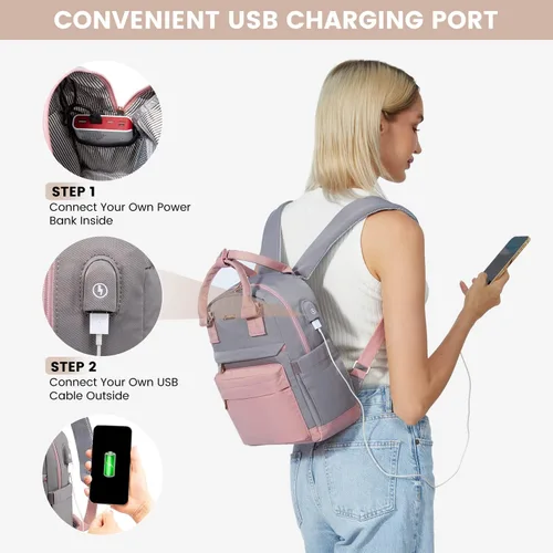Vista 4 de LOVEVOOK Mini mochila para mujeres y niñas, elegante mochila impermeable con puerto USB, bonita mochila para la escuela, viajes, fiestas, Rosa &