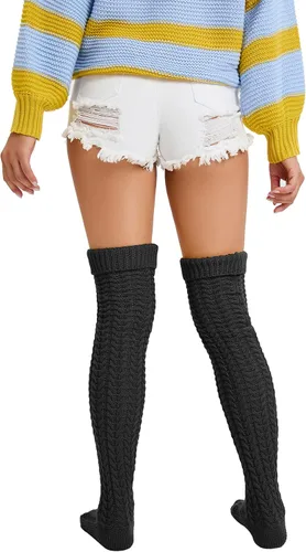Vista 6 de YELAIVP Slouch - Calcetines altos de punto trenzado para mujer, por encima de la rodilla, botas extralargas, calentadores de piernas