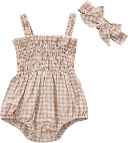 Vista 21 de Body sin mangas para bebé recién nacida con cuello halter y volantes, mameluco enterizo con diadema, conjunto de ropa de verano Albaricoque
